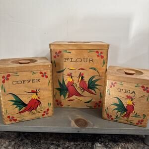 Vintage 3 Wooden Nesting Canisters Dove Tail Corners Japan Fighting Rooster